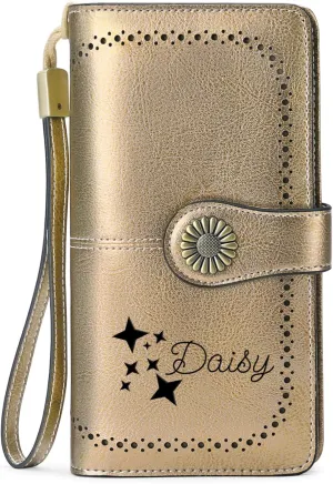 Custom Wristlet Wallet,Personalized Engraved Name Wallets with RFID Blocking Large Capacity Wristlet Clutch Purse Credit Card Holder for Women (Genuine Leather, Bronze)