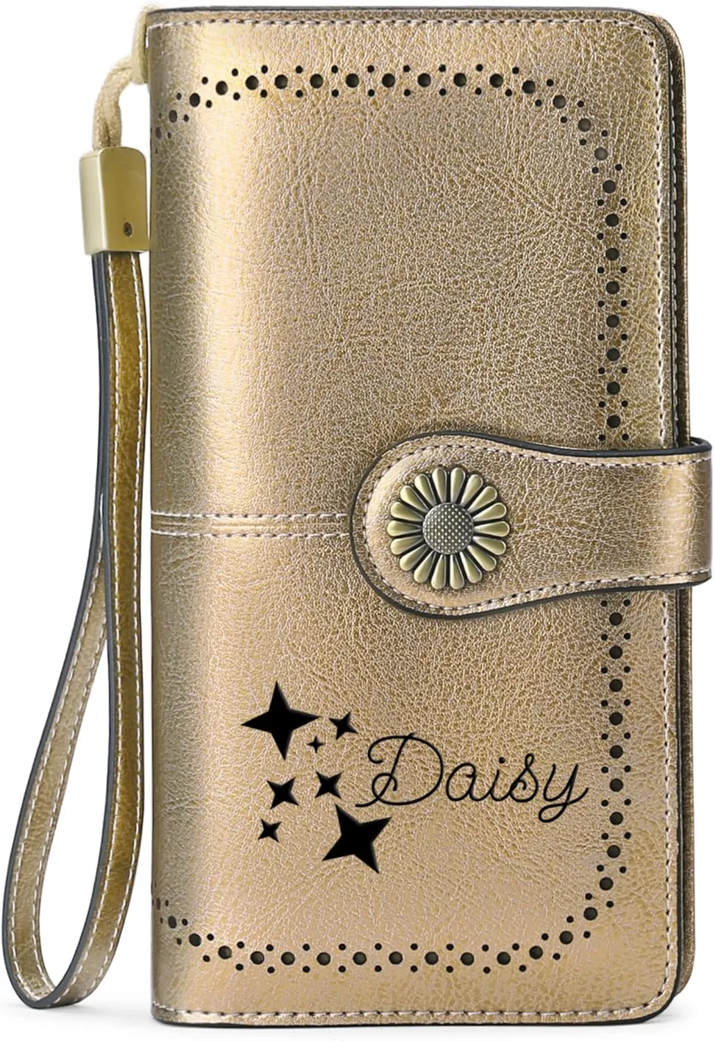 Custom Wristlet Wallet,Personalized Engraved Name Wallets with RFID Blocking Large Capacity Wristlet Clutch Purse Credit Card Holder for Women (Genuine Leather, Bronze)