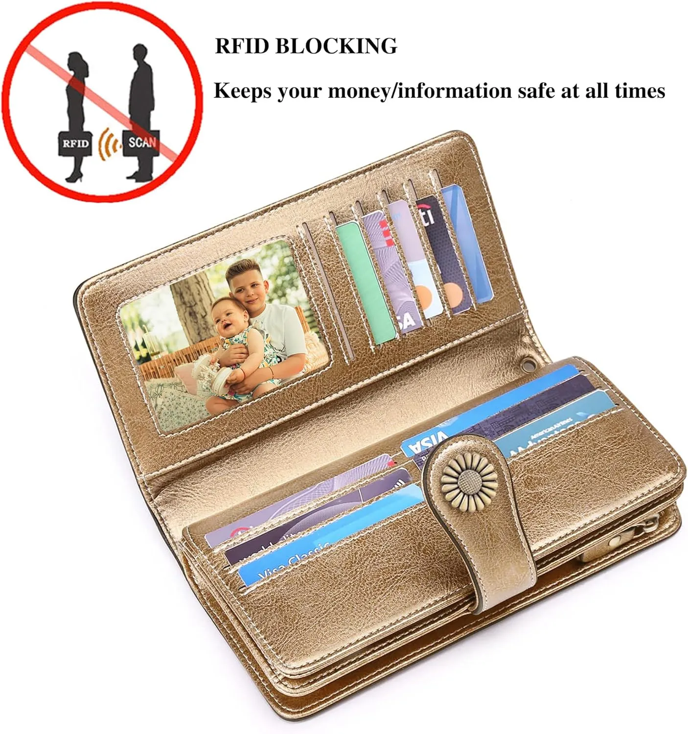 Custom Wristlet Wallet,Personalized Engraved Name Wallets with RFID Blocking Large Capacity Wristlet Clutch Purse Credit Card Holder for Women (Genuine Leather, Bronze)