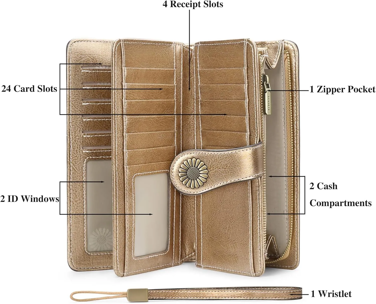 Custom Wristlet Wallet,Personalized Engraved Name Wallets with RFID Blocking Large Capacity Wristlet Clutch Purse Credit Card Holder for Women (Genuine Leather, Bronze)