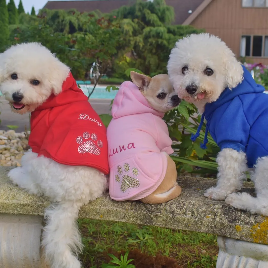 Customizable Dog Hoodie with Rhinestone Bling Sparkle Paw Print and Custom Embroidered Name Options, Cute Pet Clothes Made in America for Small Dogs (Medium, Blue)