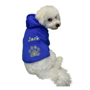 Customizable Dog Hoodie with Rhinestone Bling Sparkle Paw Print and Custom Embroidered Name Options, Cute Pet Clothes Made in America for Small Dogs (Medium, Blue)