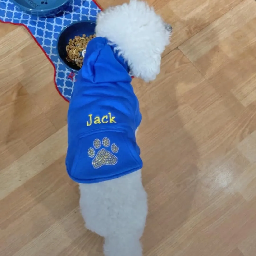 Customizable Dog Hoodie with Rhinestone Bling Sparkle Paw Print and Custom Embroidered Name Options, Cute Pet Clothes Made in America for Small Dogs (Medium, Blue)