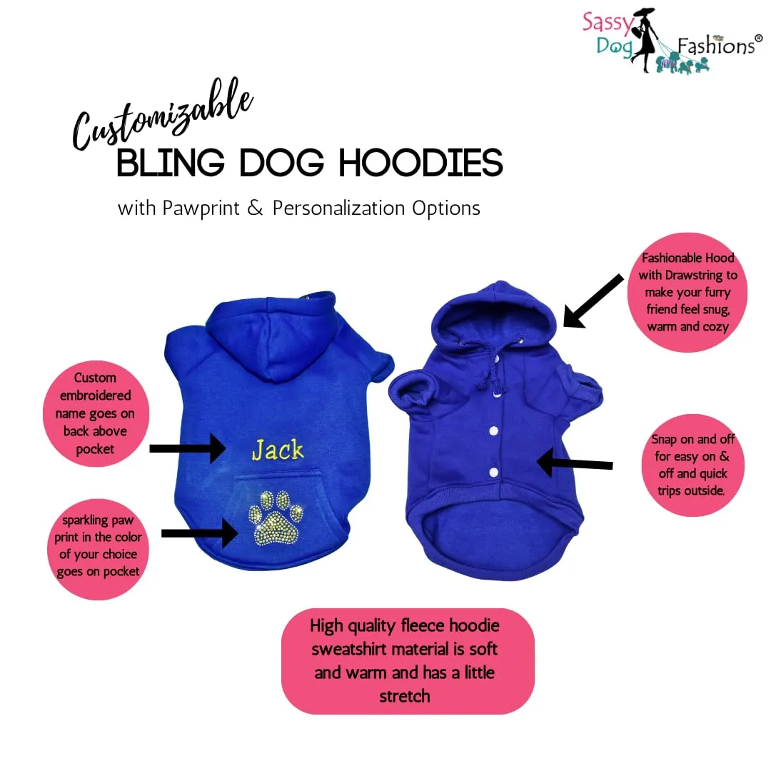 Customizable Dog Hoodie with Rhinestone Bling Sparkle Paw Print and Custom Embroidered Name Options, Cute Pet Clothes Made in America for Small Dogs (Medium, Blue)