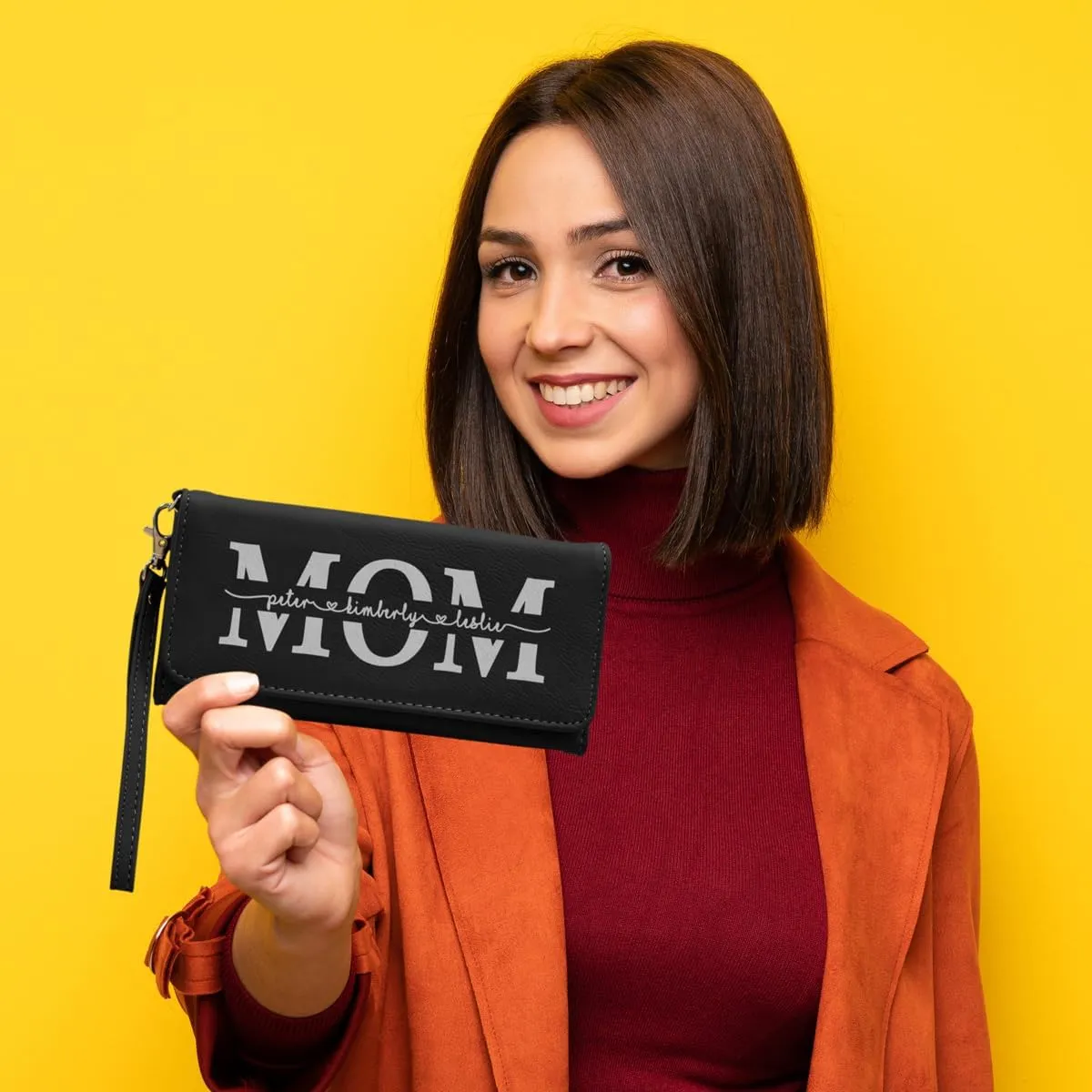 Customizable Wallet for Mom Personalized with her Kids Names - A Great Gift for New Mom's, Mother's Day and Holidays-Offered in Multiple Colors (Black with Silver)