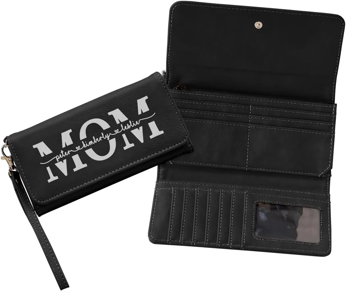 Customizable Wallet for Mom Personalized with her Kids Names - A Great Gift for New Mom's, Mother's Day and Holidays-Offered in Multiple Colors (Black with Silver)