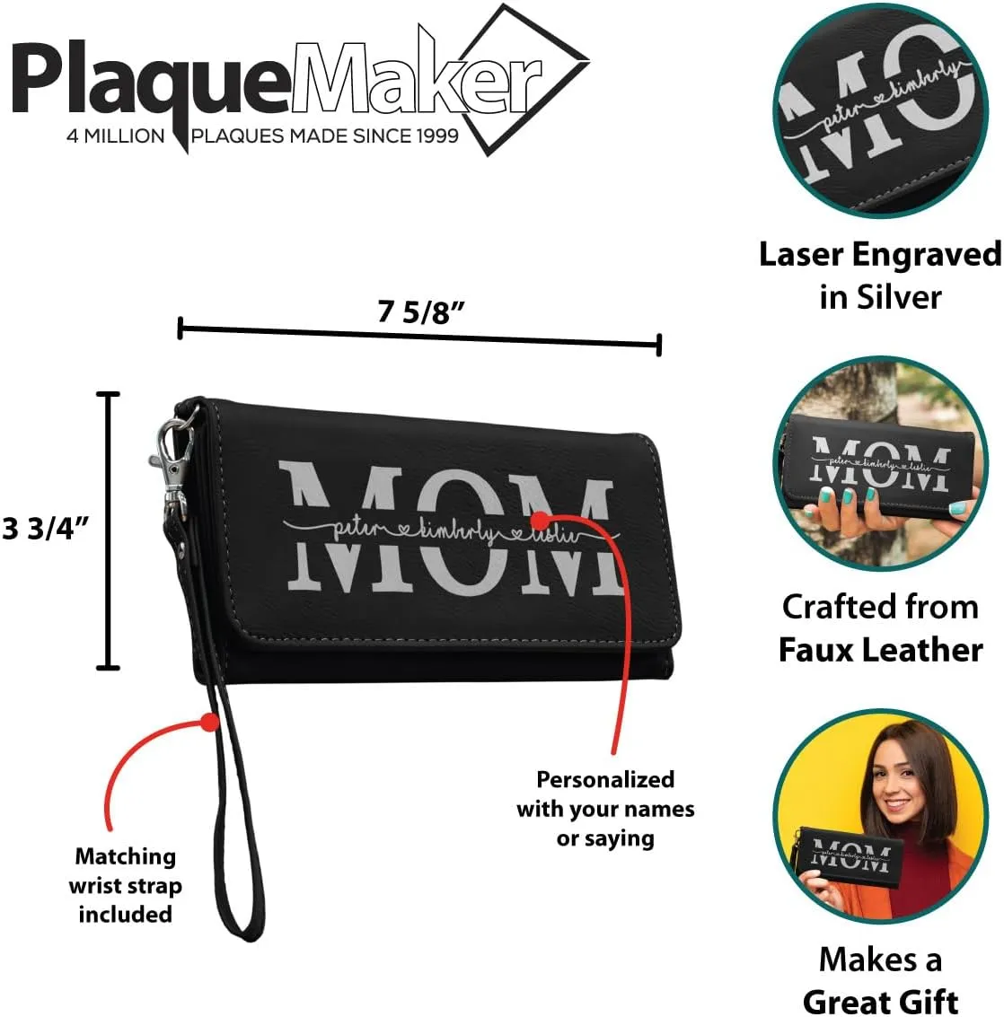 Customizable Wallet for Mom Personalized with her Kids Names - A Great Gift for New Mom's, Mother's Day and Holidays-Offered in Multiple Colors (Black with Silver)