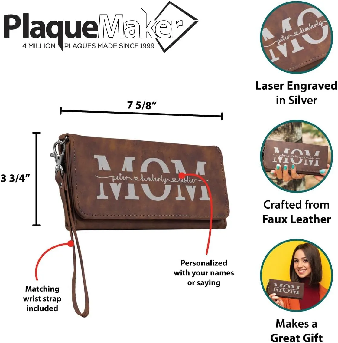 Customizable Wallet for Mom Personalized with her Kids Names - A Great Gift for New Mom's, Mother's Day and Holidays-Offered in Multiple Colors (Brown with Silver)
