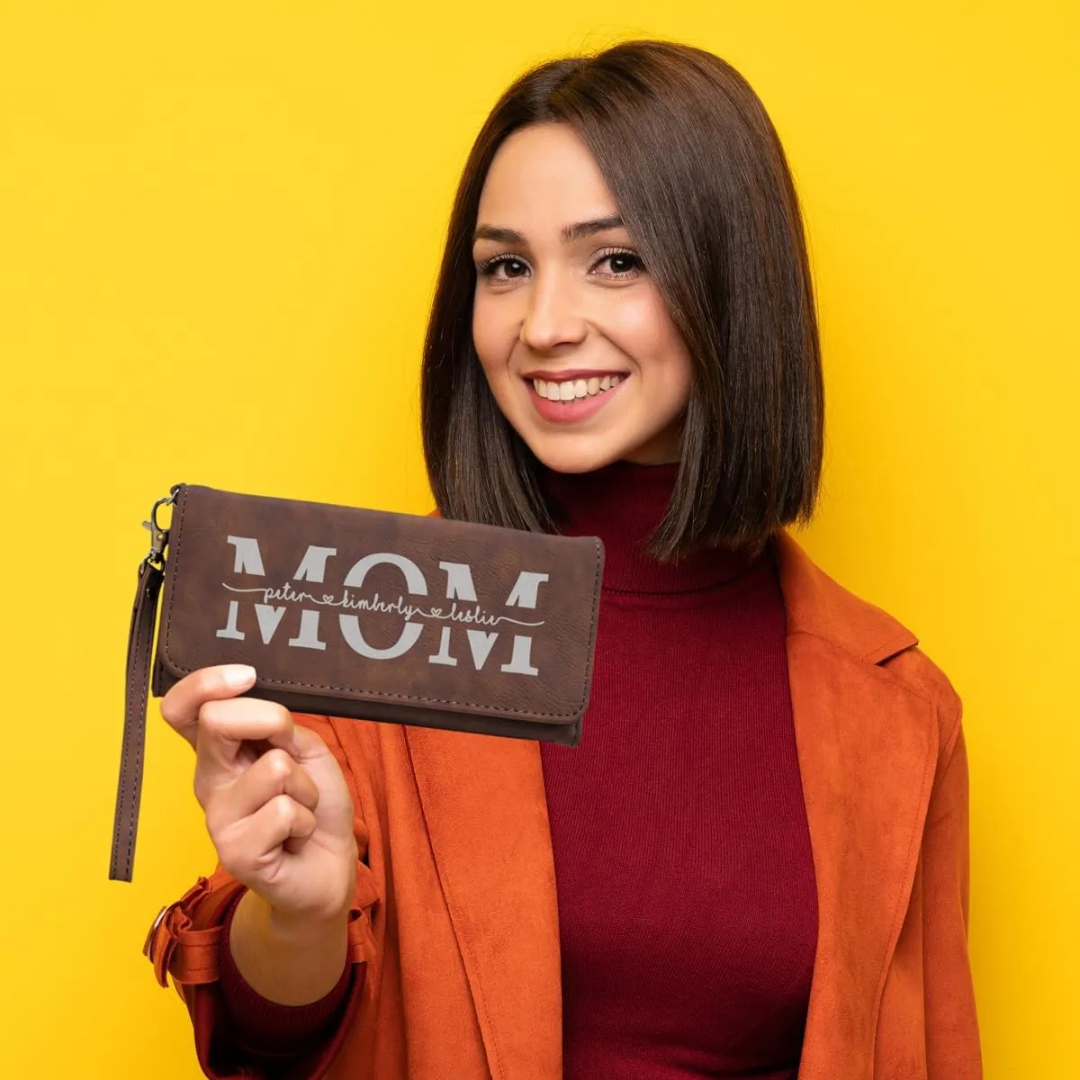 Customizable Wallet for Mom Personalized with her Kids Names - A Great Gift for New Mom's, Mother's Day and Holidays-Offered in Multiple Colors (Brown with Silver)