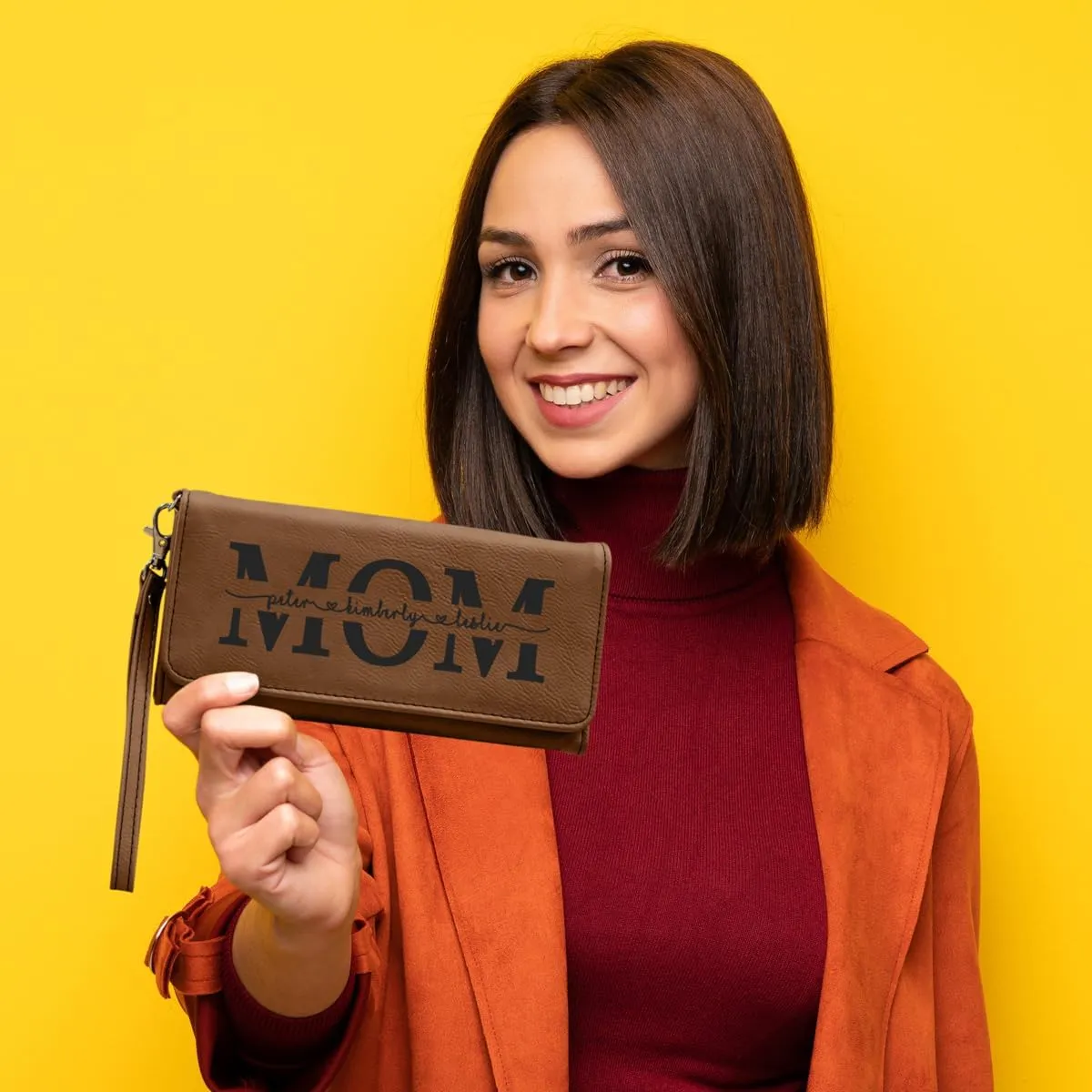 Customizable Wallet for Mom Personalized with her Kids Names - A Great Gift for New Mom's, Mother's Day and Holidays-Offered in Multiple Colors (Dark Brown)
