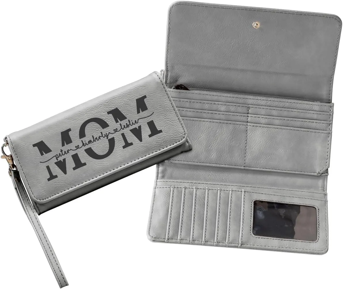 Customizable Wallet for Mom Personalized with her Kids Names - A Great Gift for New Mom's, Mother's Day and Holidays-Offered in Multiple Colors (Gray)
