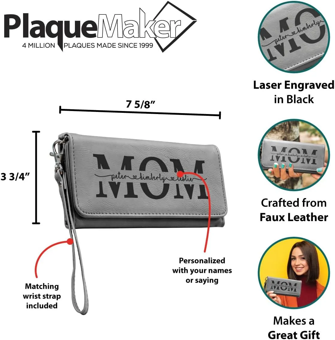 Customizable Wallet for Mom Personalized with her Kids Names - A Great Gift for New Mom's, Mother's Day and Holidays-Offered in Multiple Colors (Gray)