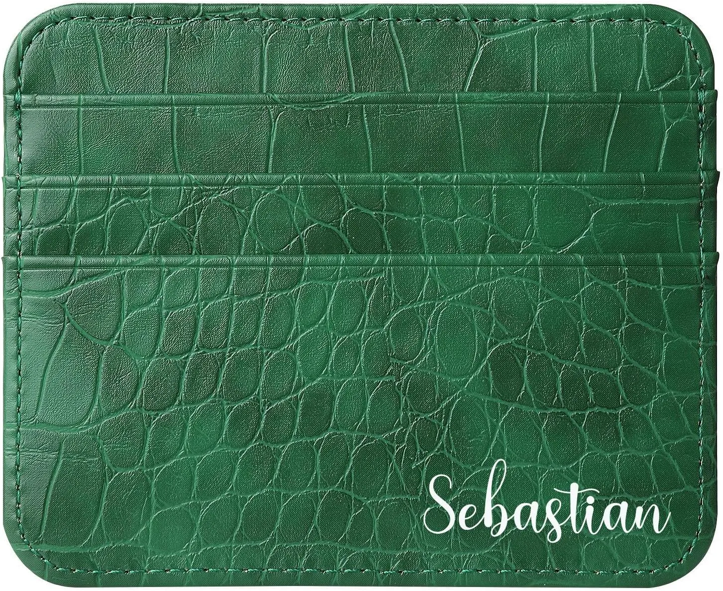 Customized Name Credit Card Holder for Women Men, Add Your Own Personalized Monogram Letters, Minimalist Slim Thin Small Front Pocket Wallet, Crocodile Pattern PU Leather Card Case, Gift Idea, Green