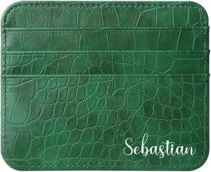 Customized Name Credit Card Holder for Women Men, Add Your Own Personalized Monogram Letters, Minimalist Slim Thin Small Front Pocket Wallet, Crocodile Pattern PU Leather Card Case, Gift Idea, Green