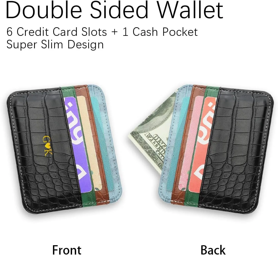 Customized Name Initials Gold Embossed Slim Wallet, Crocodile Pattern PU Leather Credit Card Holder, Personalized Custom Monogram Letters Card Case, Minimalist Thin Small Front Pocket Wallet, Black