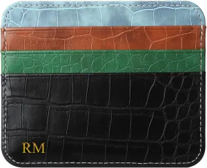Customized Name Initials Gold Embossed Slim Wallet, Crocodile Pattern PU Leather Credit Card Holder, Personalized Custom Monogram Letters Card Case, Minimalist Thin Small Front Pocket Wallet, Black