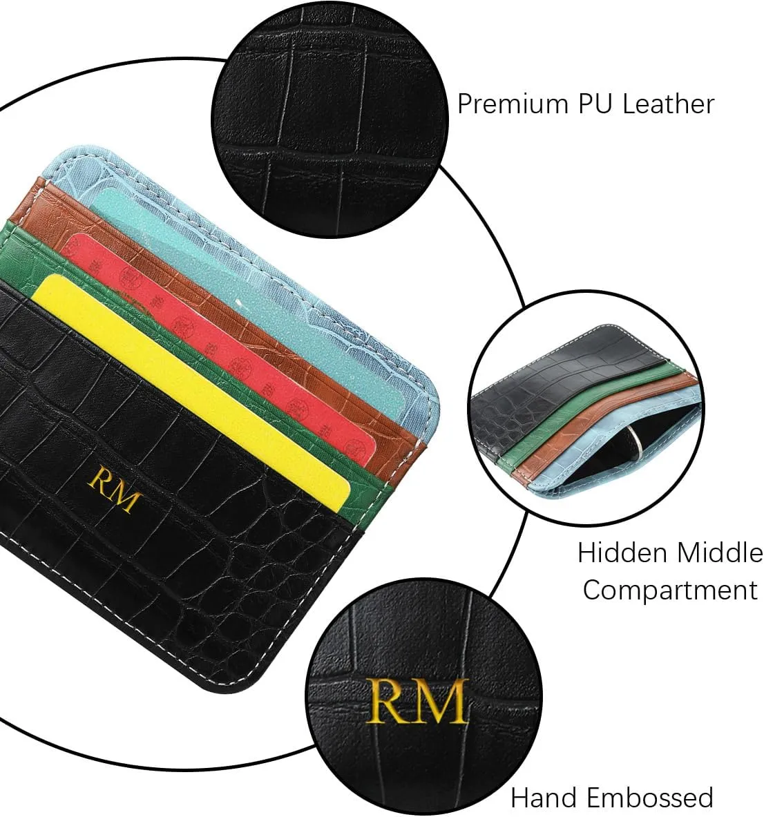 Customized Name Initials Gold Embossed Slim Wallet, Crocodile Pattern PU Leather Credit Card Holder, Personalized Custom Monogram Letters Card Case, Minimalist Thin Small Front Pocket Wallet, Black