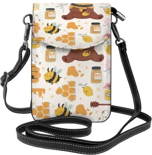 Cute Bee Honey Jar Hive Bear Print Small Crossbody Bags for Women Leather Cell Phone Purses Mini Leather Shoulder Handbag Adjustable Strap