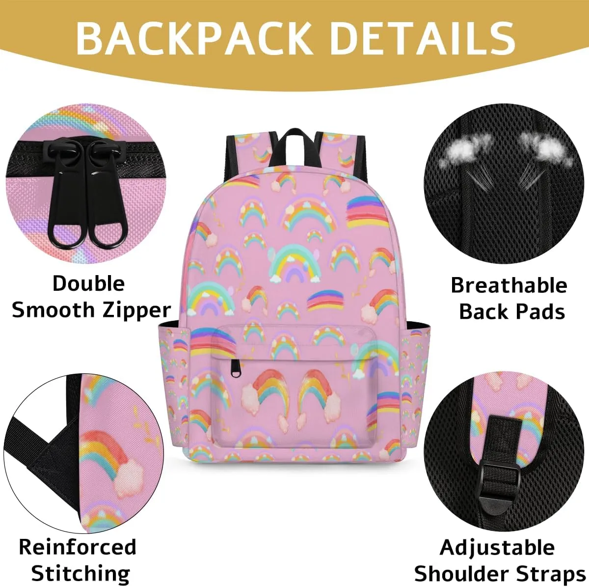 Cute Cartoon Rainbow Backpack for Girls Kids, Pink Bookbag for Children School Travel Picnic 15in