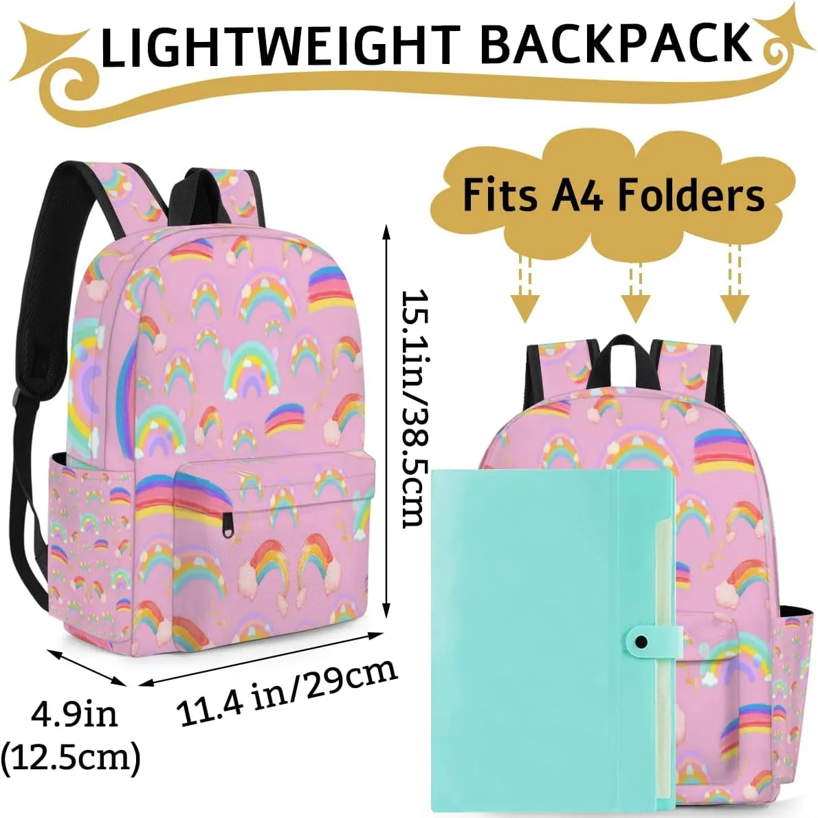 Cute Cartoon Rainbow Backpack for Girls Kids, Pink Bookbag for Children School Travel Picnic 15in