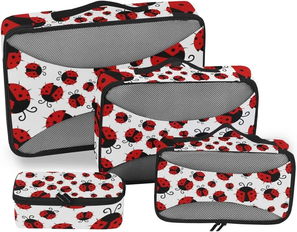 Cute Ladybugs Print Packing Cubes 4 Set Luggage Packing Travel Organizers Mesh Storage Bag for Suitcase
