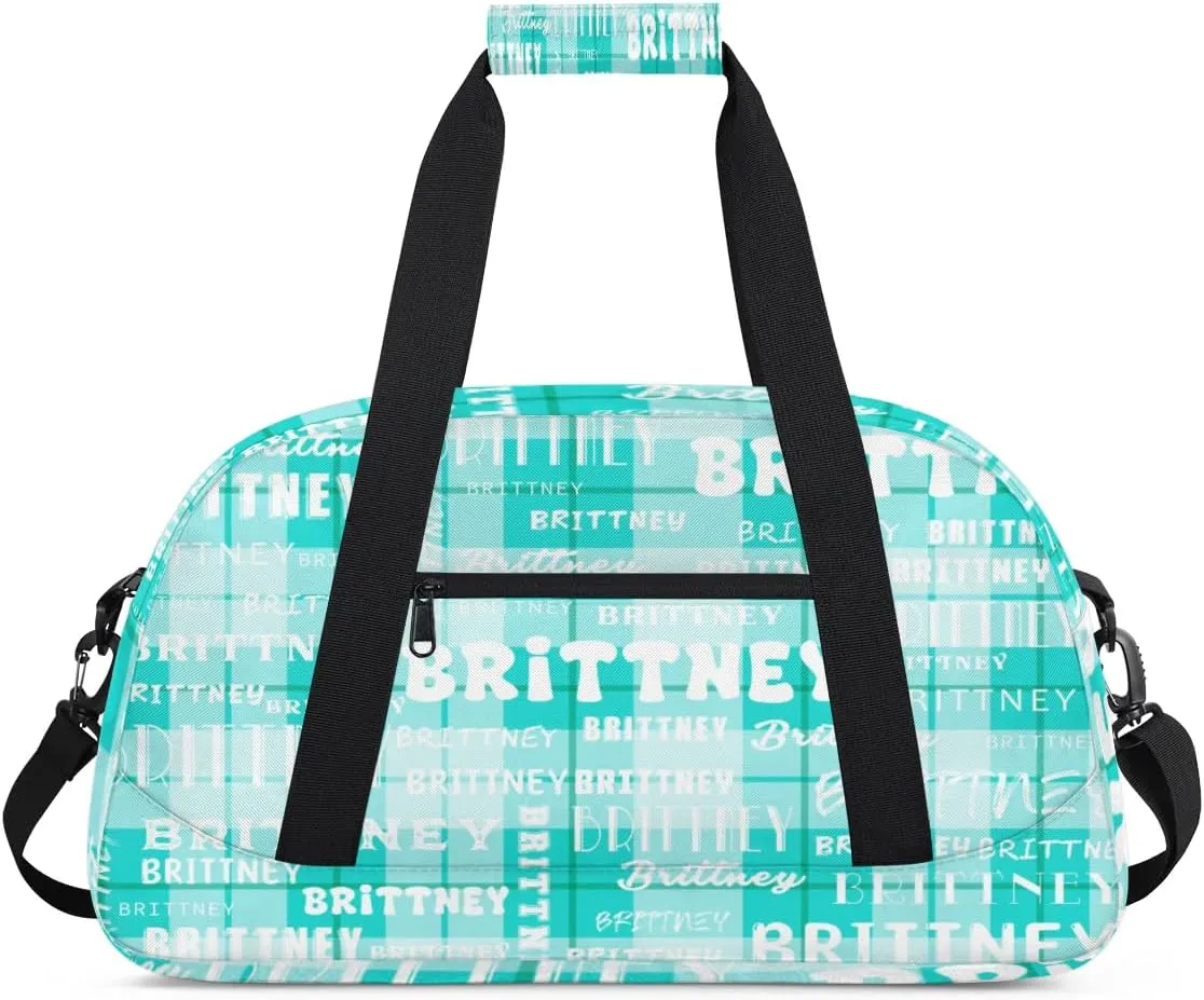Cyan Plaid Personalized Duffle Bag for Kids Custom Dance Ballet Bag with Name Lightweight Travel Weekender Overnight Bags Sport Gym Duffel Bag Workout Carry On Tote for Girls Boys