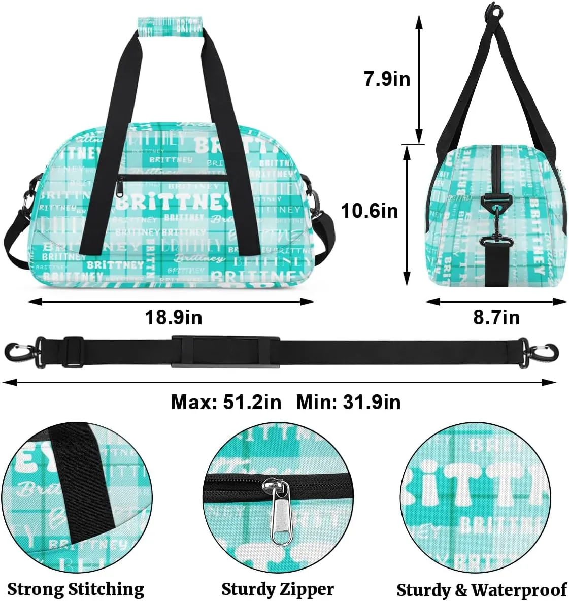 Cyan Plaid Personalized Duffle Bag for Kids Custom Dance Ballet Bag with Name Lightweight Travel Weekender Overnight Bags Sport Gym Duffel Bag Workout Carry On Tote for Girls Boys