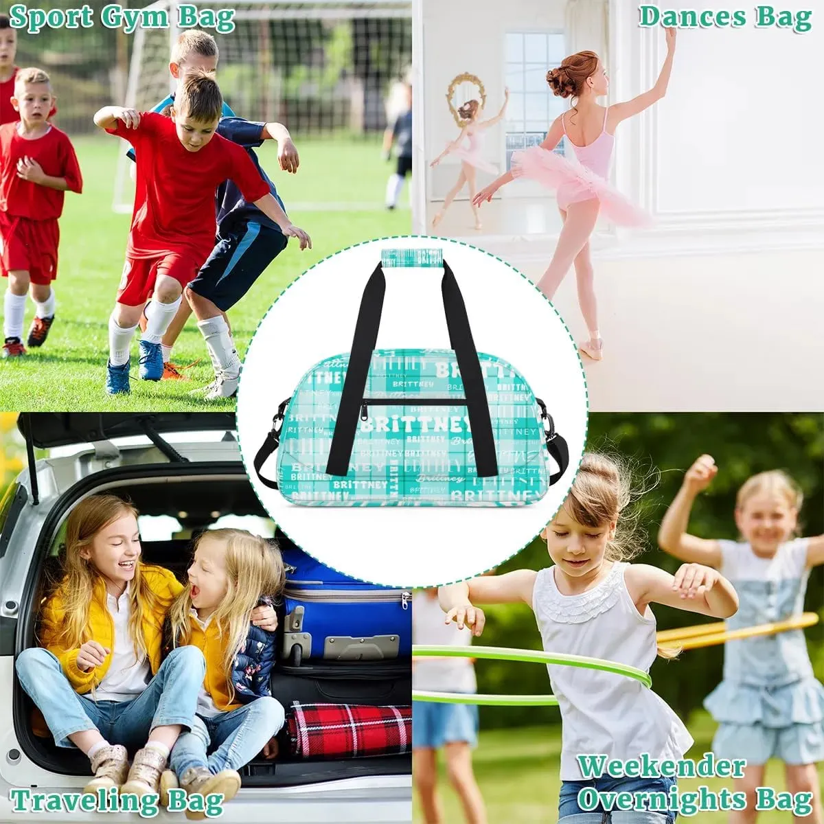 Cyan Plaid Personalized Duffle Bag for Kids Custom Dance Ballet Bag with Name Lightweight Travel Weekender Overnight Bags Sport Gym Duffel Bag Workout Carry On Tote for Girls Boys