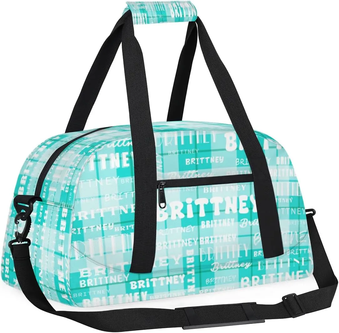 Cyan Plaid Personalized Duffle Bag for Kids Custom Dance Ballet Bag with Name Lightweight Travel Weekender Overnight Bags Sport Gym Duffel Bag Workout Carry On Tote for Girls Boys