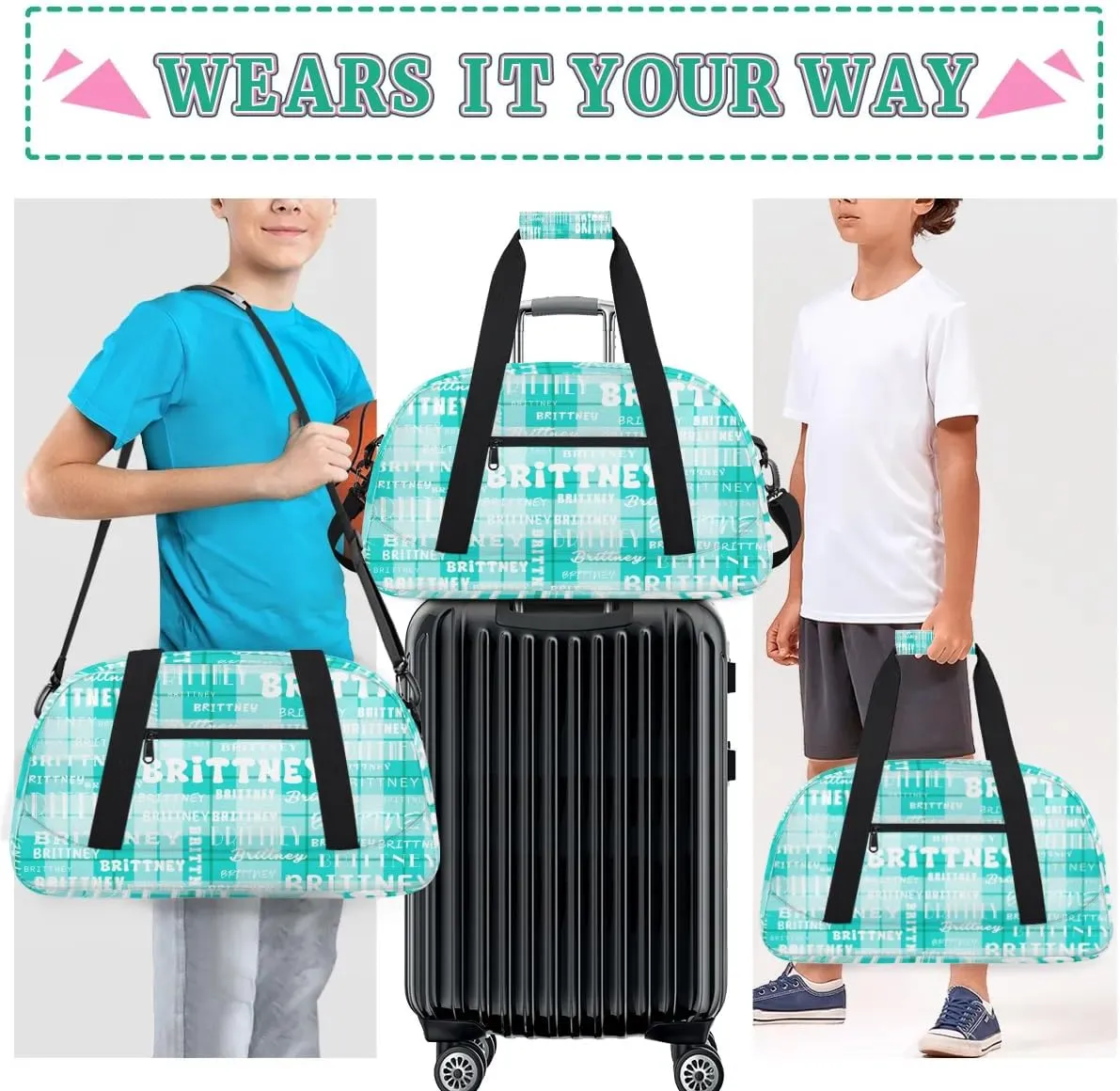 Cyan Plaid Personalized Duffle Bag for Kids Custom Dance Ballet Bag with Name Lightweight Travel Weekender Overnight Bags Sport Gym Duffel Bag Workout Carry On Tote for Girls Boys