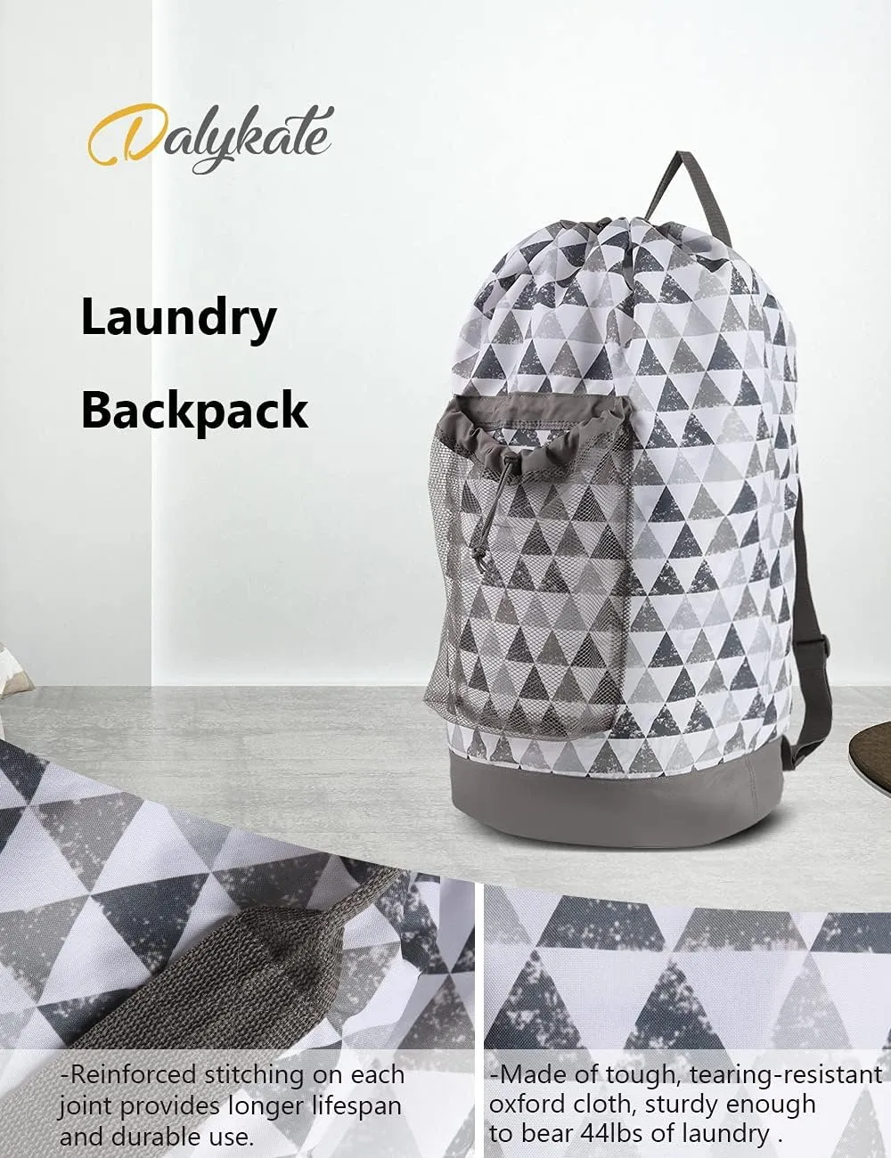 Dalykate Backpack Laundry Bag, Laundry Backpack with Shoulder Straps and Mesh Pocket Durable Nylon Clothes Hamper Bag with Drawstring Closure for College, Travel, Laundromat, Apartment