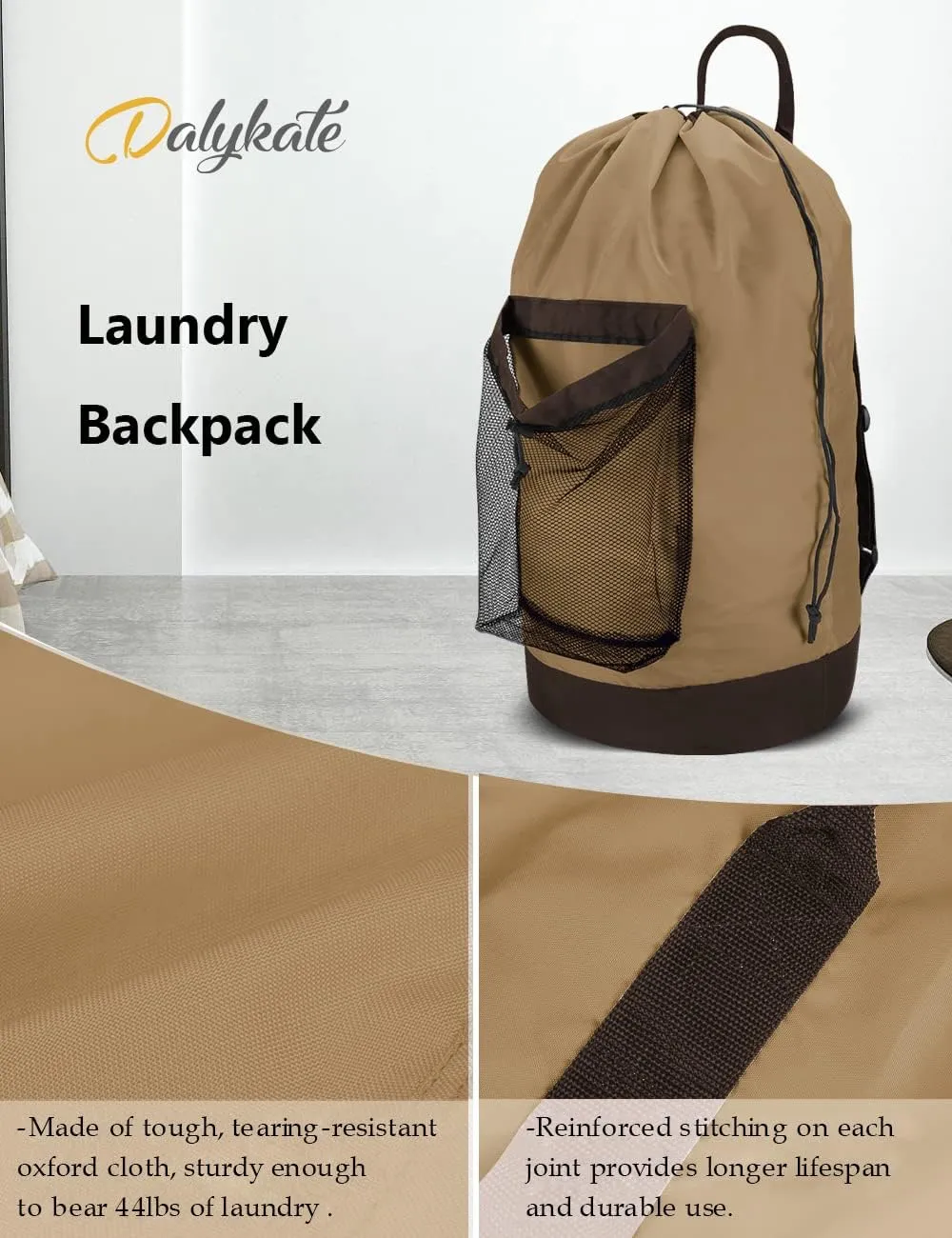 Dalykate Backpack Laundry Bag, Laundry Backpack with Shoulder Straps and Mesh Pocket Durable Nylon Clothes Hamper Bag with Drawstring Closure for College, Travel, Laundromat, Apartment