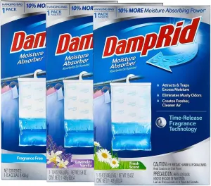 Damp Rid Hanging Bag Moisture Absorbers - 3 Single Packs 15.4oz (Fresh Scent, Lavender Vanilla, Fragrance Free) - Closet Deodorizer Odor Eliminator, 10% More Moisture Absorbing Power - Ilios Packaging