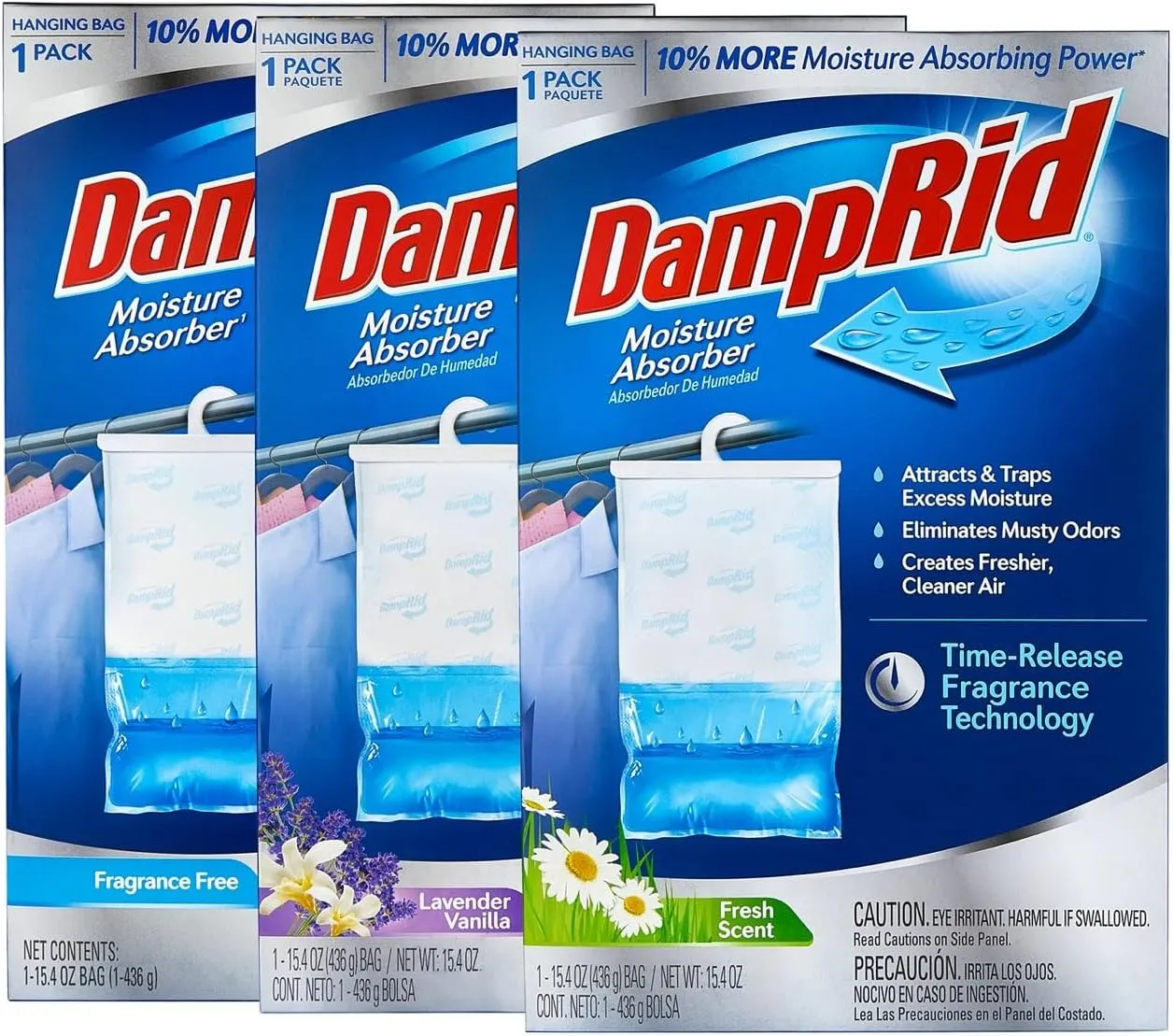 Damp Rid Hanging Bag Moisture Absorbers - 3 Single Packs 15.4oz (Fresh Scent, Lavender Vanilla, Fragrance Free) - Closet Deodorizer Odor Eliminator, 10% More Moisture Absorbing Power - Ilios Packaging