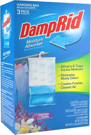 DampRid Lavender Vanilla Hanging Bag Moisture Absorber for Closets - Odor Eliminator - 3 pack (16oz. ea.); Traps Excess Moisture for Fresher, Cleaner Air