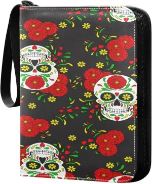 Day Of The Dead Colorful Skull with Floral Card Binder, 4 Pockets Trading Card Binder Holder with 50 Sleeves Holder Album, Card Collection Binder Card Album Book for Football Basketball Baseball Games