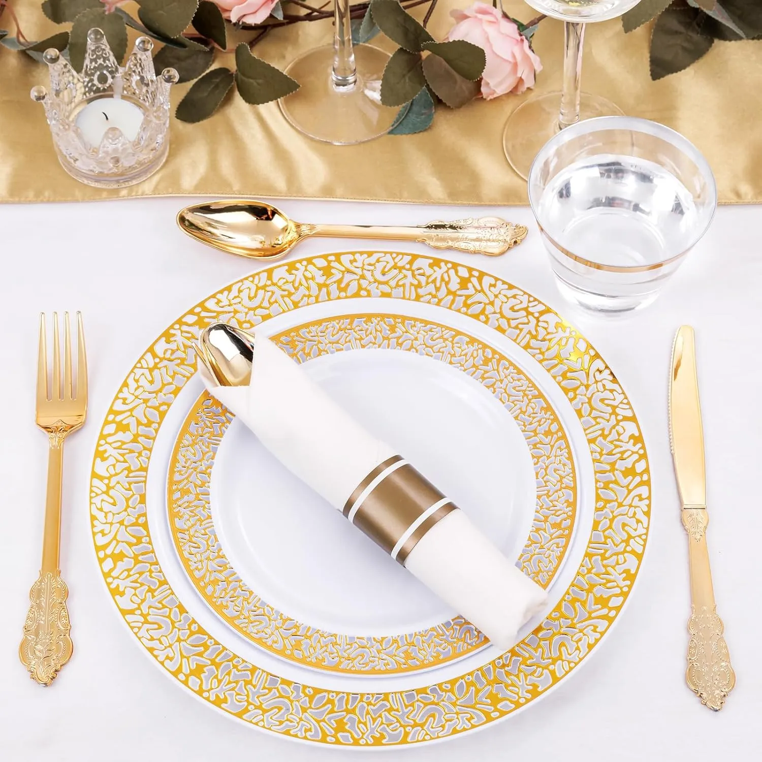 DaYammi 210 PCS Gold Plastic Plates, Gold Plastic Dinnerware Sets, Includes: 30 Dinner Plates, 30 Salad Platos, 30 Pre Rolled Napkins with silverware,30 Cups 9 OZ, Perfect for Party