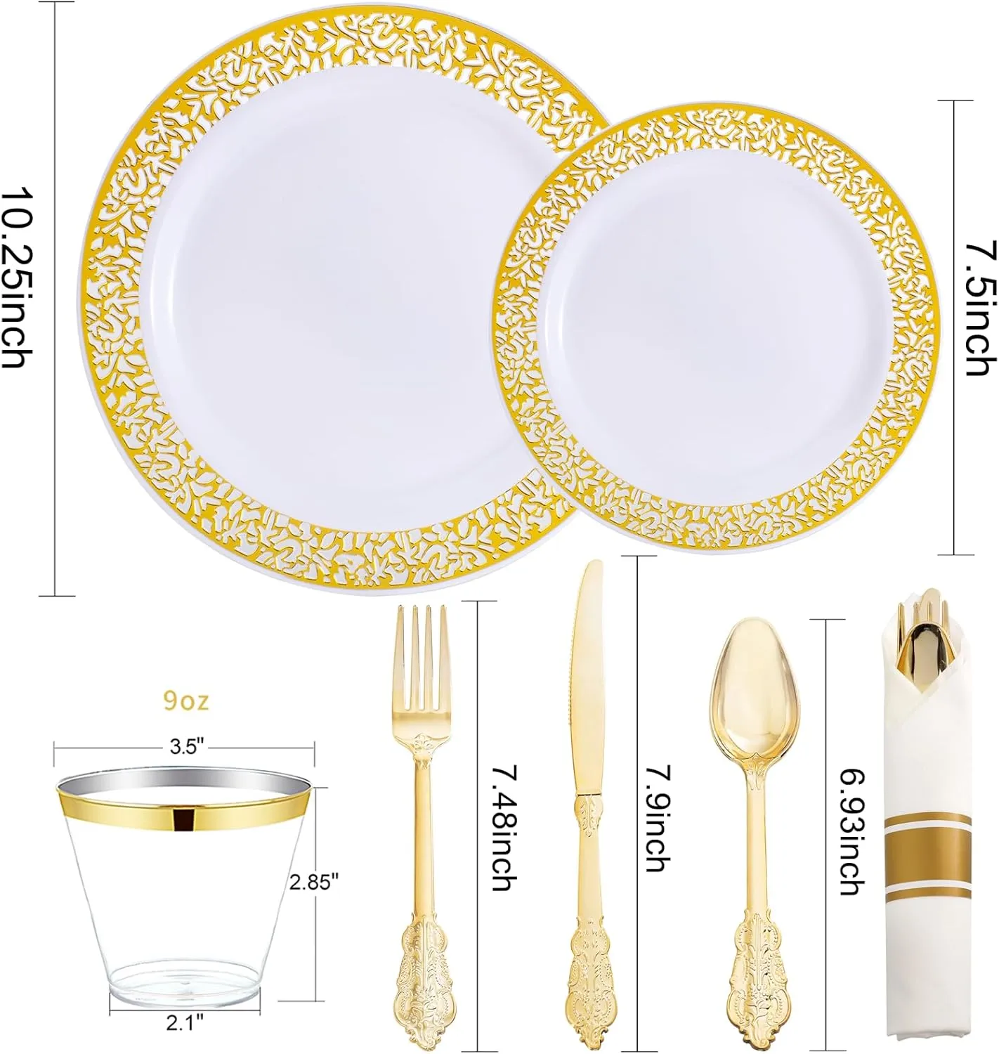 DaYammi 210 PCS Gold Plastic Plates, Gold Plastic Dinnerware Sets, Includes: 30 Dinner Plates, 30 Salad Platos, 30 Pre Rolled Napkins with silverware,30 Cups 9 OZ, Perfect for Party