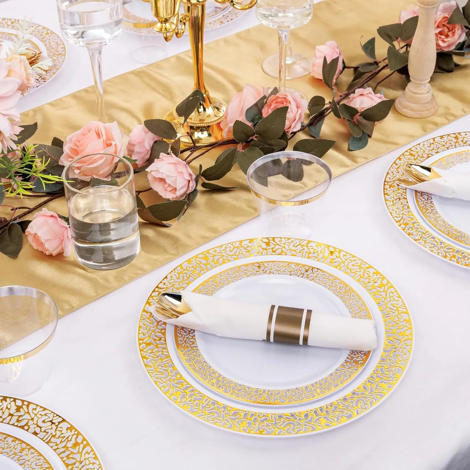 DaYammi 210 PCS Gold Plastic Plates, Gold Plastic Dinnerware Sets, Includes: 30 Dinner Plates, 30 Salad Platos, 30 Pre Rolled Napkins with silverware,30 Cups 9 OZ, Perfect for Party