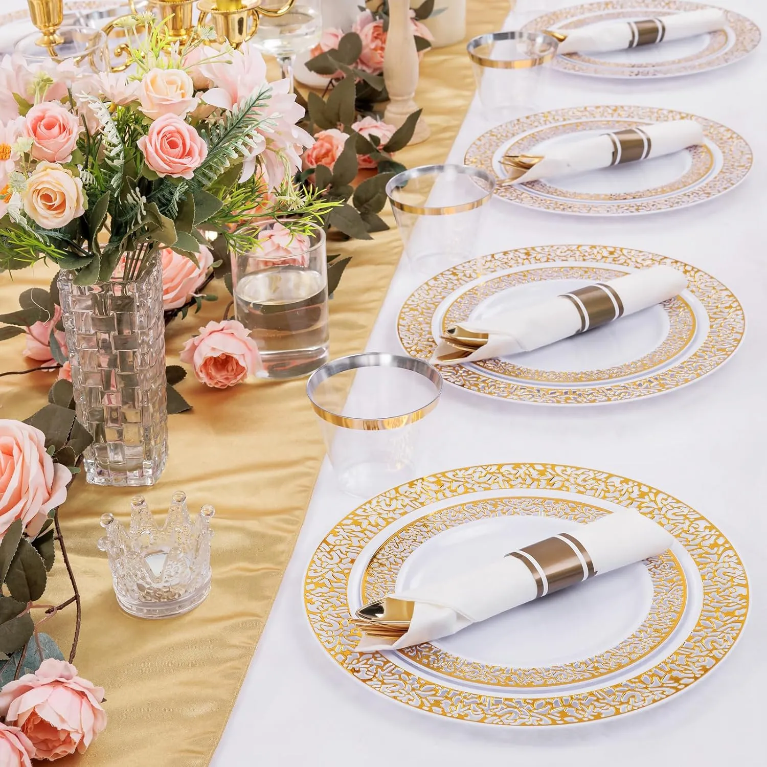 DaYammi 210 PCS Gold Plastic Plates, Gold Plastic Dinnerware Sets, Includes: 30 Dinner Plates, 30 Salad Platos, 30 Pre Rolled Napkins with silverware,30 Cups 9 OZ, Perfect for Party