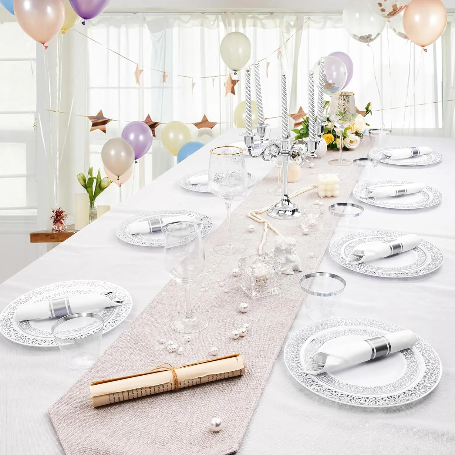 DaYammi 210PCS Silver Plastic Dinnerware Set, Silver Disposable Plates, Includes:30 Dinner Plates,30 Salad Plates,30 Cups 9 OZ and 30 Pre Rolled Napkins with Cutlery Heavy Duty for Party