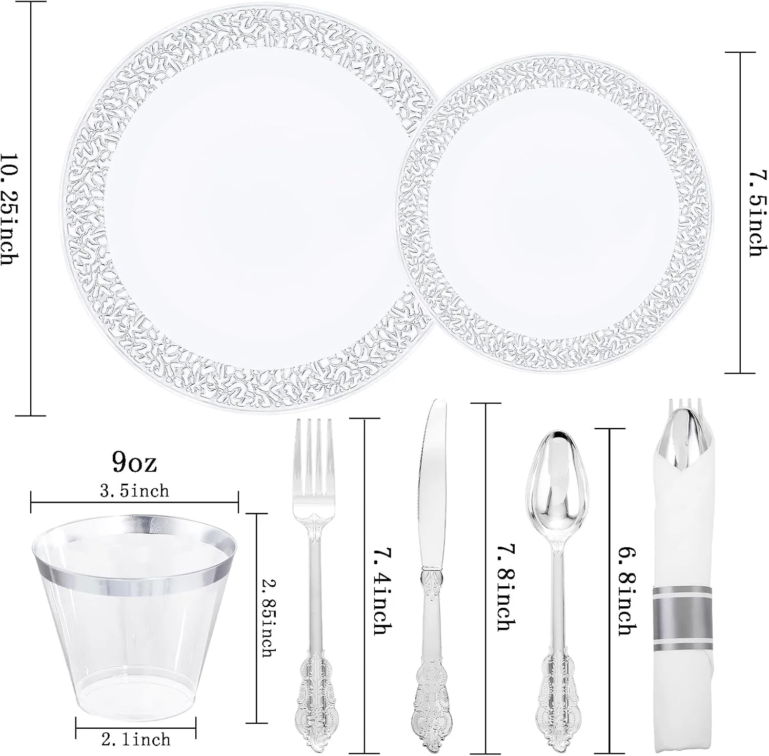 DaYammi 210PCS Silver Plastic Dinnerware Set, Silver Disposable Plates, Includes:30 Dinner Plates,30 Salad Plates,30 Cups 9 OZ and 30 Pre Rolled Napkins with Cutlery Heavy Duty for Party