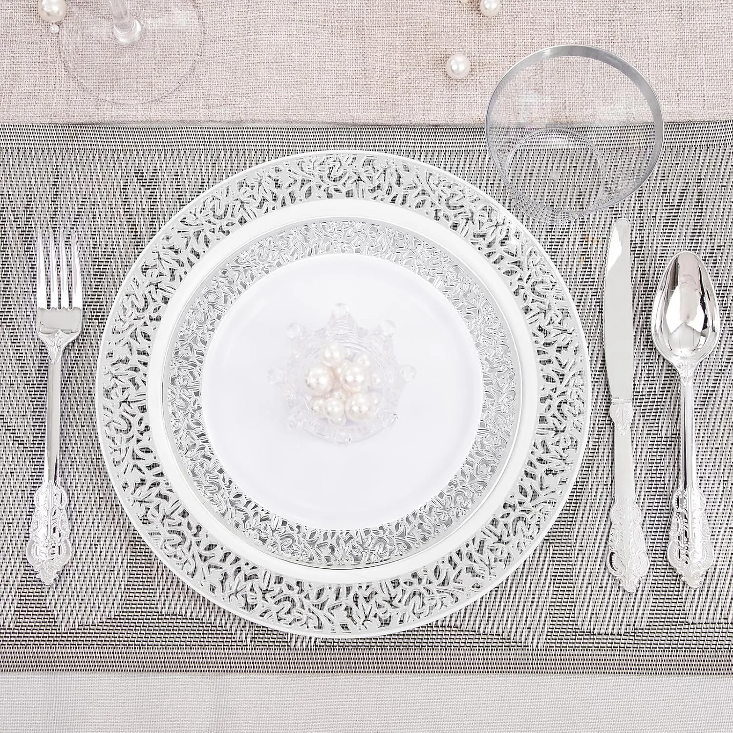 DaYammi 210PCS Silver Plastic Dinnerware Set, Silver Disposable Plates, Includes:30 Dinner Plates,30 Salad Plates,30 Cups 9 OZ and 30 Pre Rolled Napkins with Cutlery Heavy Duty for Party