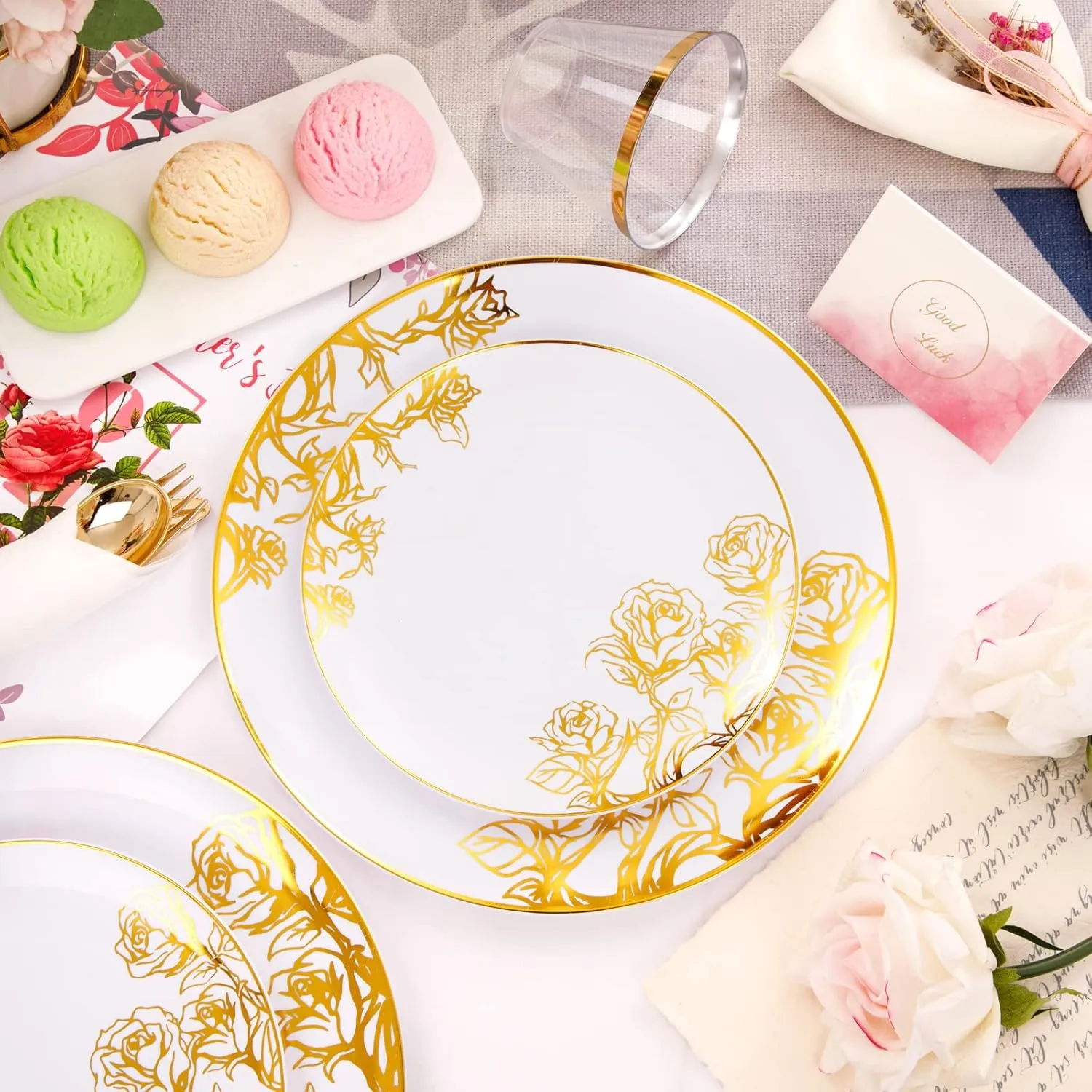 DaYammi 210Pcs White Gold Plastic Plates,Gold Disposable Dinnerware Set Includes 60 gold floral plates,30 plastic Silverware,30 Per Rolled Napkins,30 Plastic Cups for Party Wedding Birthday