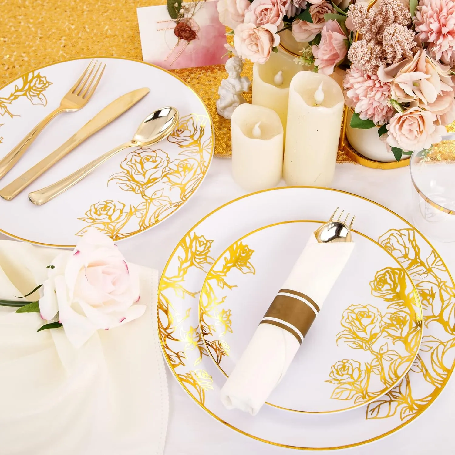 DaYammi 210Pcs White Gold Plastic Plates,Gold Disposable Dinnerware Set Includes 60 gold floral plates,30 plastic Silverware,30 Per Rolled Napkins,30 Plastic Cups for Party Wedding Birthday