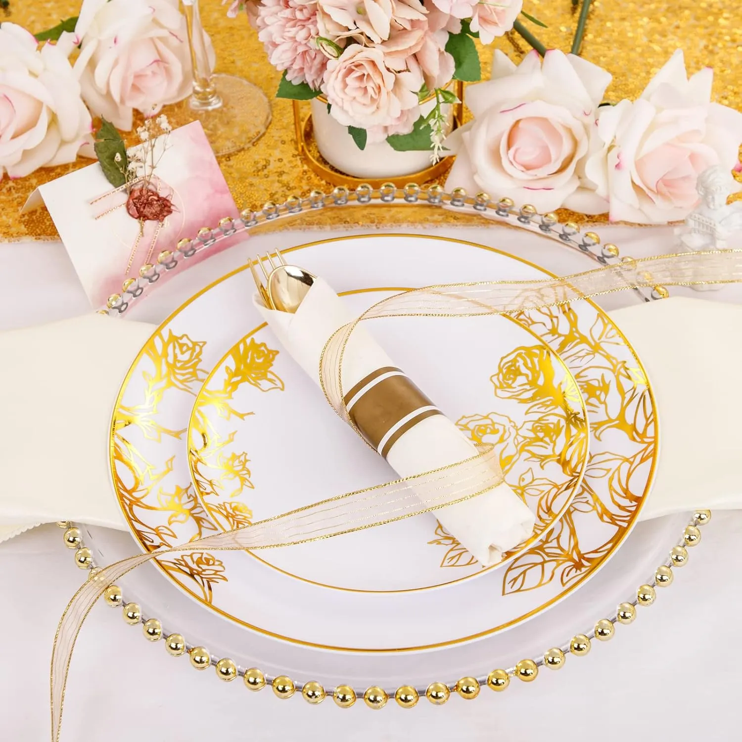 DaYammi 210Pcs White Gold Plastic Plates,Gold Disposable Dinnerware Set Includes 60 gold floral plates,30 plastic Silverware,30 Per Rolled Napkins,30 Plastic Cups for Party Wedding Birthday
