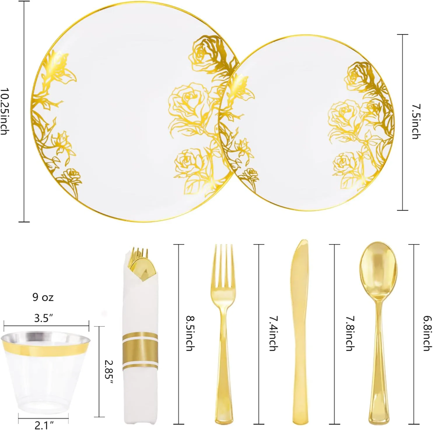 DaYammi 210Pcs White Gold Plastic Plates,Gold Disposable Dinnerware Set Includes 60 gold floral plates,30 plastic Silverware,30 Per Rolled Napkins,30 Plastic Cups for Party Wedding Birthday