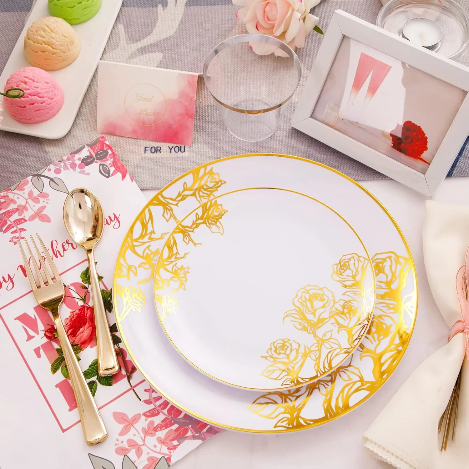DaYammi 210Pcs White Gold Plastic Plates,Gold Disposable Dinnerware Set Includes 60 gold floral plates,30 plastic Silverware,30 Per Rolled Napkins,30 Plastic Cups for Party Wedding Birthday