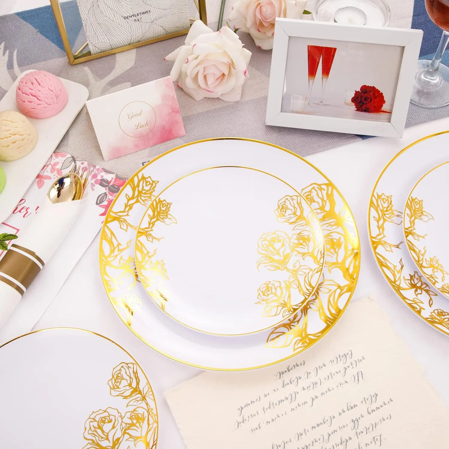 DaYammi 210Pcs White Gold Plastic Plates,Gold Disposable Dinnerware Set Includes 60 gold floral plates,30 plastic Silverware,30 Per Rolled Napkins,30 Plastic Cups for Party Wedding Birthday