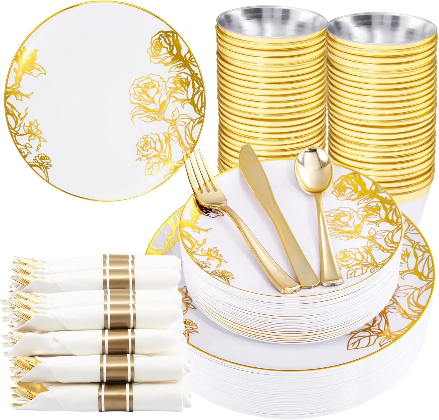DaYammi 210Pcs White Gold Plastic Plates,Gold Disposable Dinnerware Set Includes 60 gold floral plates,30 plastic Silverware,30 Per Rolled Napkins,30 Plastic Cups for Party Wedding Birthday